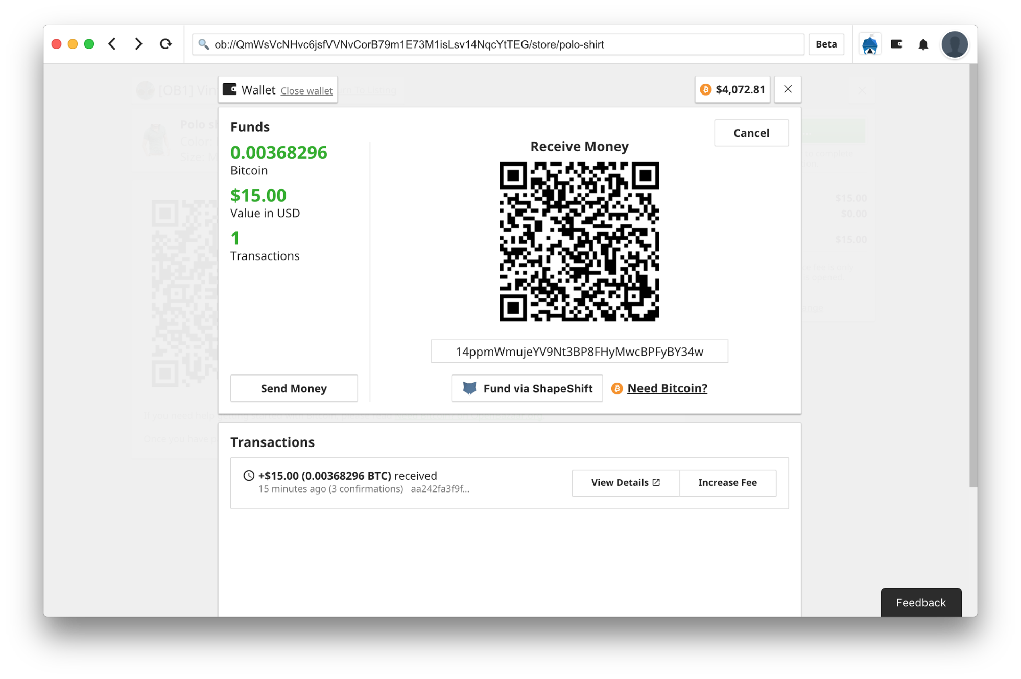 A screenshot showing the ability to fund an OpenBazaar wallet with Zcash